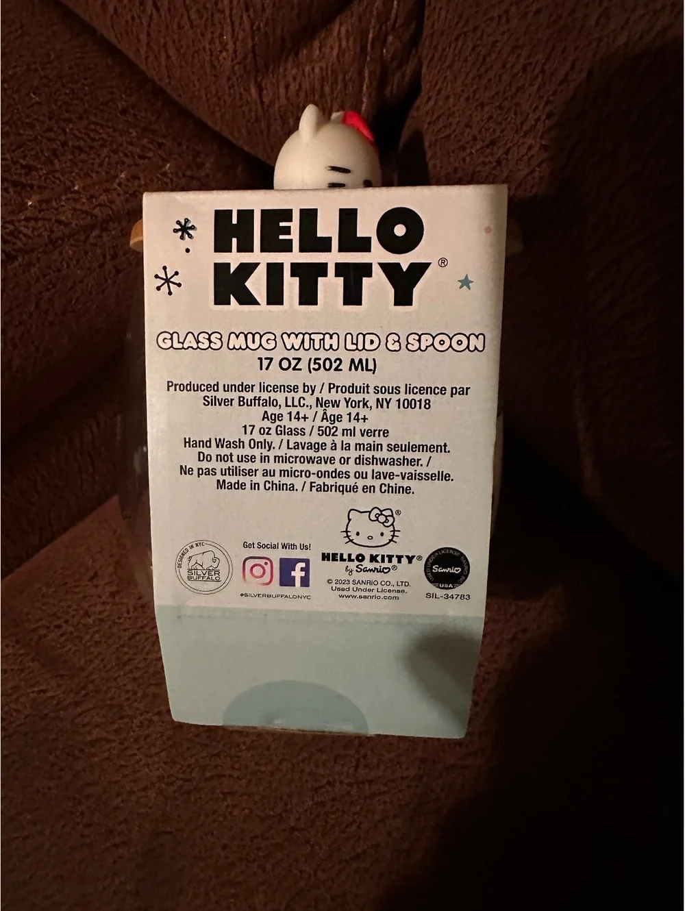 Hello Kitty Christmas Holiday Glass Mug with Wood Lid Topper & Spoon - 17 oz NIB